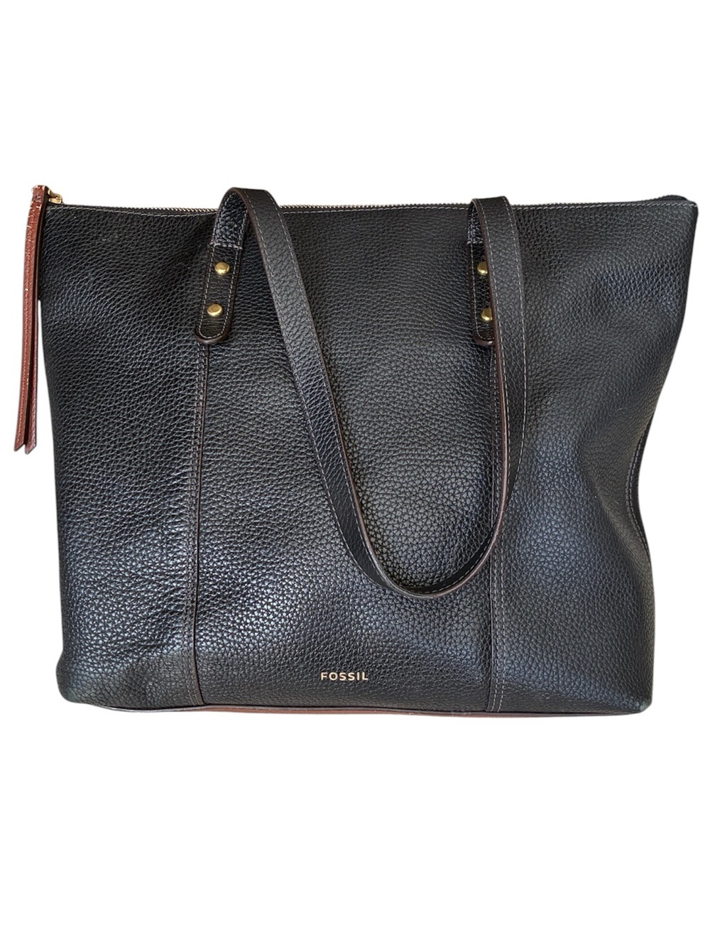 Fossil Jenna Black & Brown Pebbled Leather Tote Shoulder Bag